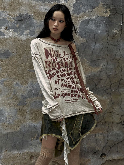 Lace Printed Loose Top Long Sleeve T-Shirt [S0000009751]