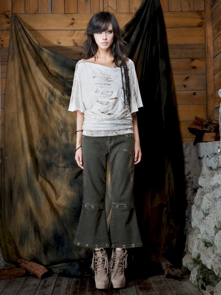Military Green Cropped Flared Pants【s0000013894】