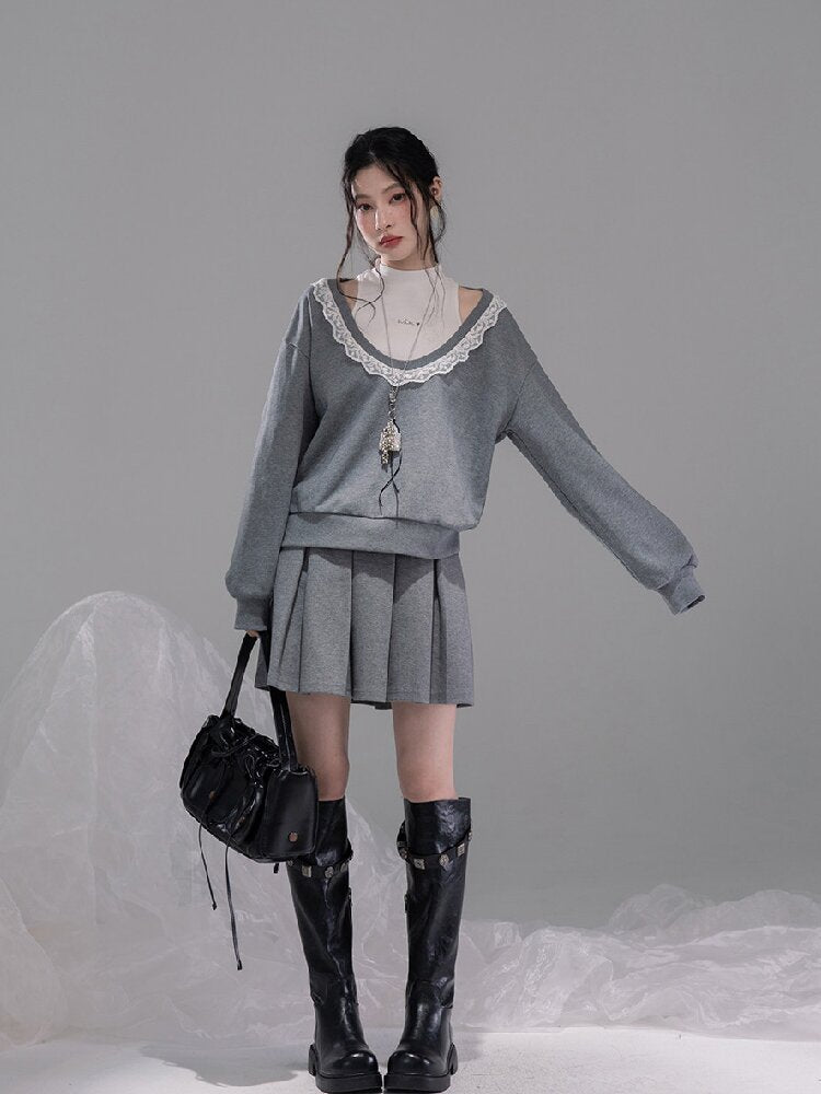 U-neck Sweatshirt Pleated Skirt Set【s0000015742】