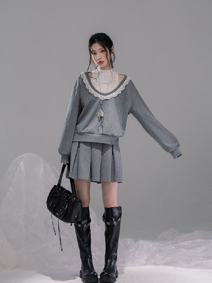 U-neck Sweatshirt Pleated Skirt Set【s0000015742】