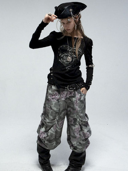 Bubble Sleeve Square Neck Printed Long Sleeve Tee【s0000011840】