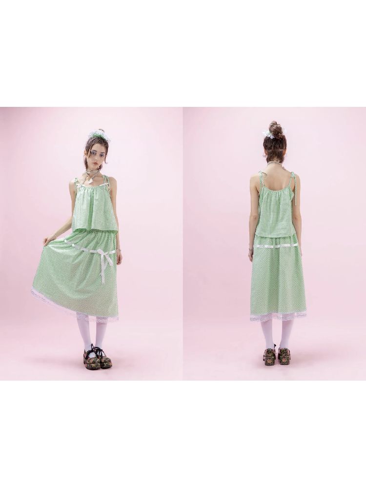 GREEN PLAID BOW LOOSE SHORT SUSPENDERS [S0000009327]