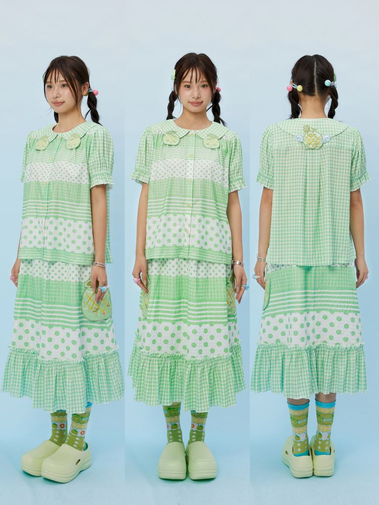 Melon Checkered Polka Dot Doll Collar Shirt Skirt【s0000013164】