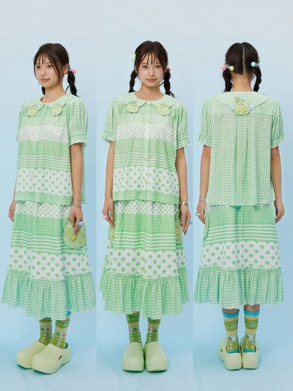 Melon Checkered Polka Dot Doll Collar Shirt Skirt【s0000013164】