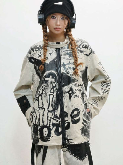 Old Printed Motorcycle Punk Thick Leather Jacket【s0000014829】