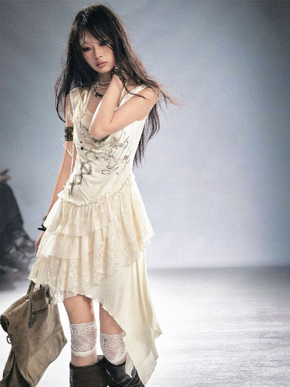 Strap Print Lace Ruffled Dress【s0000016214】