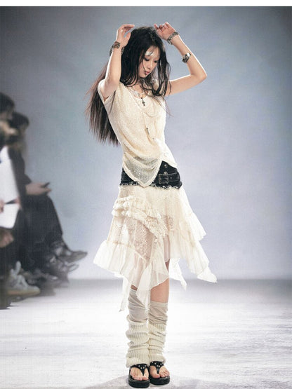 Lace Patchwork Irregular Mesh Skirt【s0000015449】