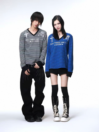 Striped V Neck Skull Long Sleeve【s0000018203】