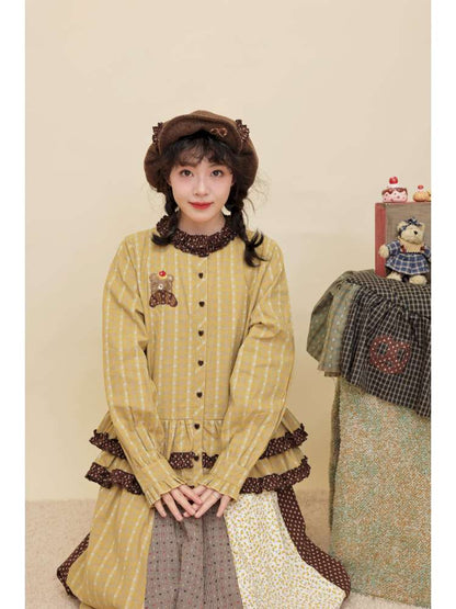 Vintage Girly Lace Bear Turmeric Shirt【s0000014839】