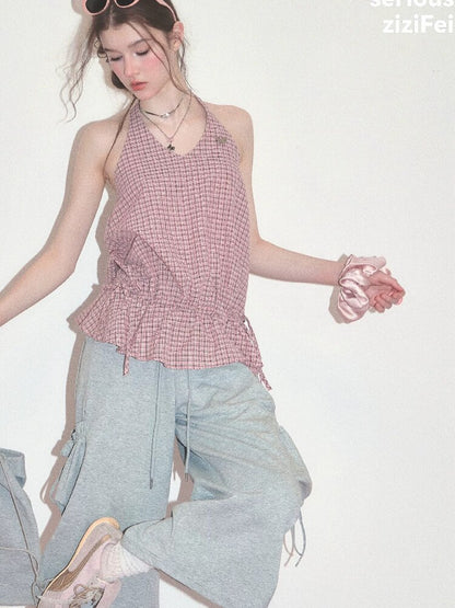 American Vintage Plaid Halter Top【s0000017749】