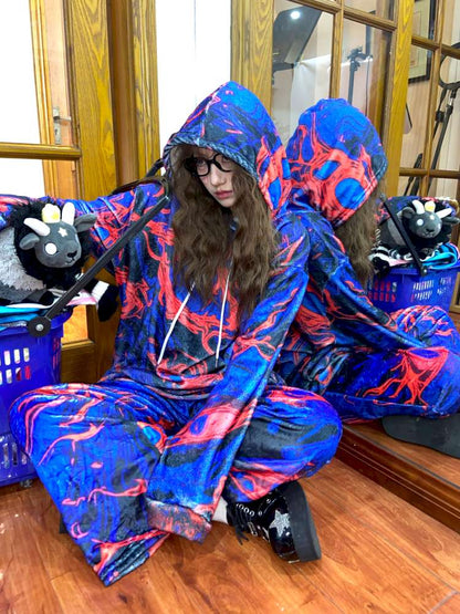 Blue Cell Plush Print Wide-Leg Pants【s0000014869】