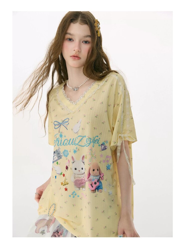 Childlike Cartoon Lace Floral T Shirt【s0000017156】