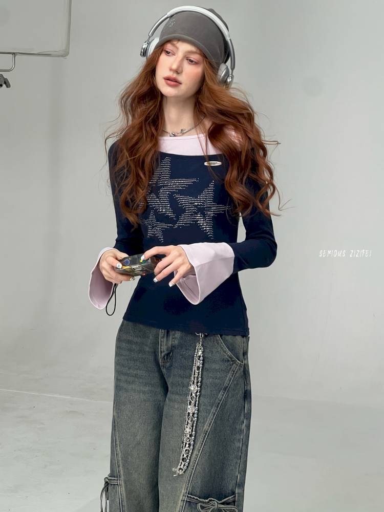 Star Print Dark Blue Long Sleeve T-Shirt【s0000014361】