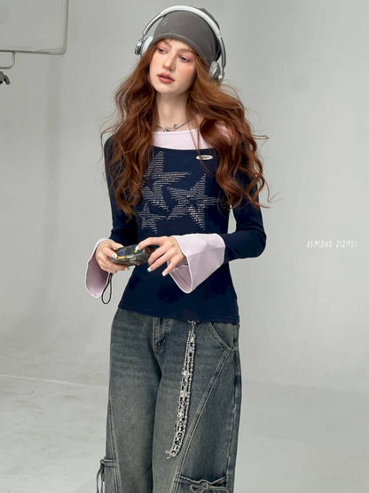 Star Print Dark Blue Long Sleeve T-Shirt【s0000014361】