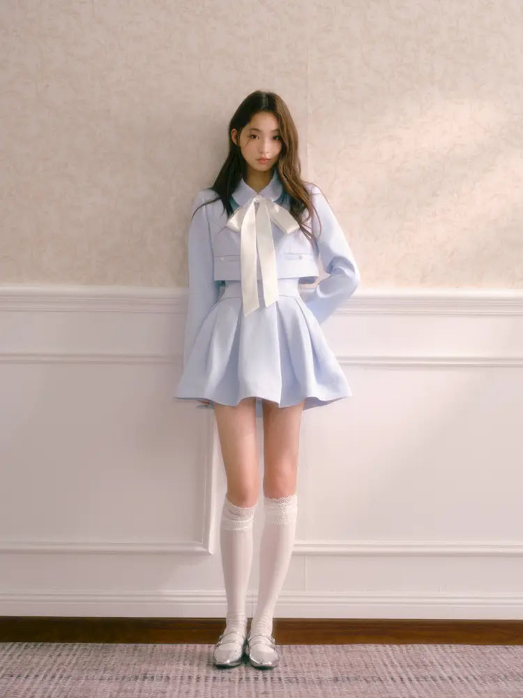 Tie-Front Short Jacket with High-Waisted Structured Pleated Puffy Skirt【s0000014341】