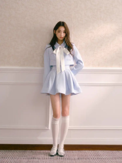 Tie-Front Short Jacket with High-Waisted Structured Pleated Puffy Skirt【s0000014341】