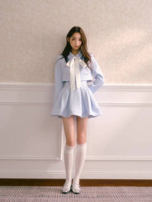 Tie-Front Short Jacket with High-Waisted Structured Pleated Puffy Skirt【s0000014341】