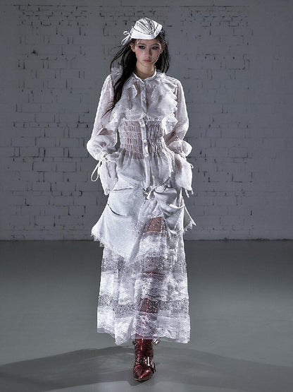 Stitched Lace Denim Maxi Skirt【s0000015940】