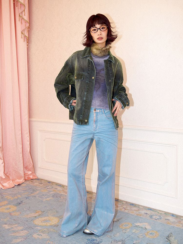 Loose Green Flocked Denim Jacket【s0000011638】