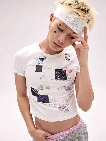 Sticker Printed Rhinestone T-Shirt【s0000011794】