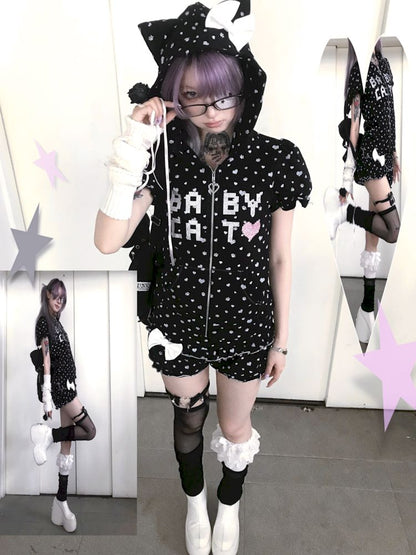 Bubble Sleeve Polka Dot Black White Purple Babycat Set【s0000009267】