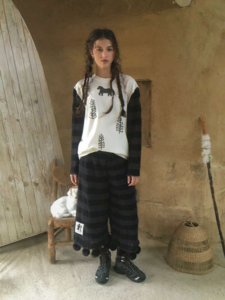 Striped Knit Furball Midi Slacks【s0000014900】