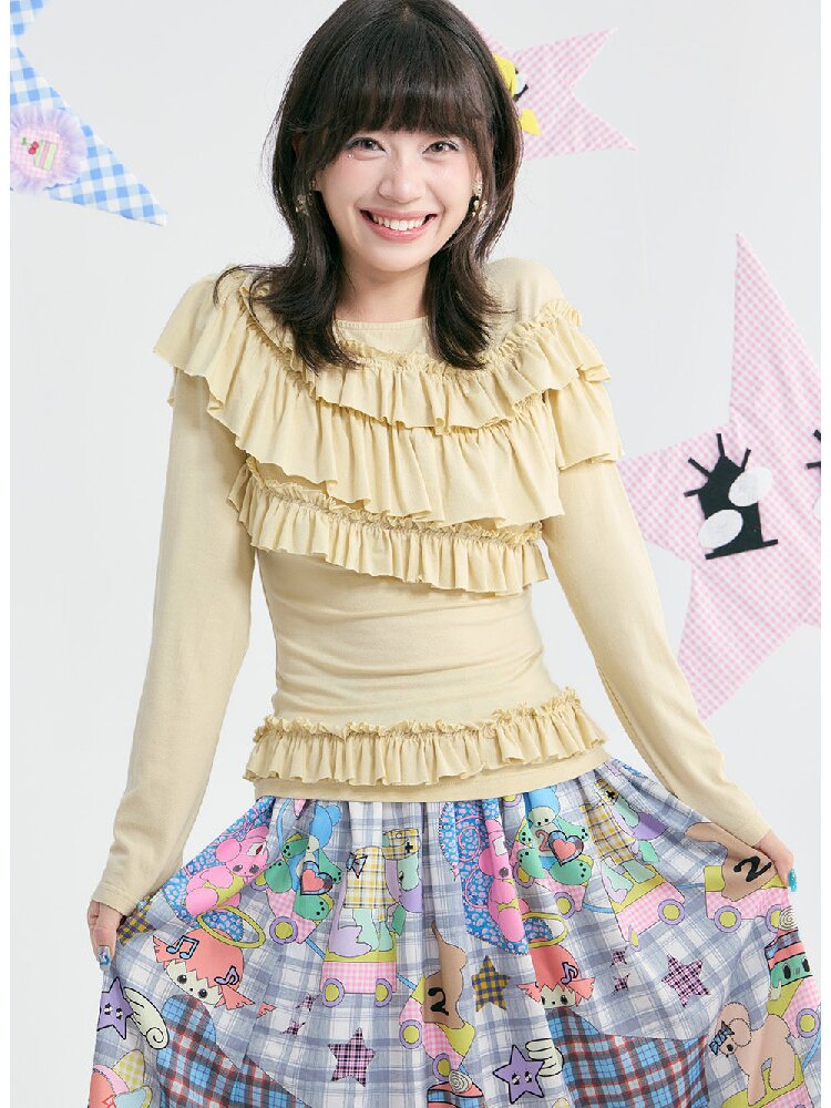 Yellow Pleated Off Shoulder Base T-Shirt【s0000018371】