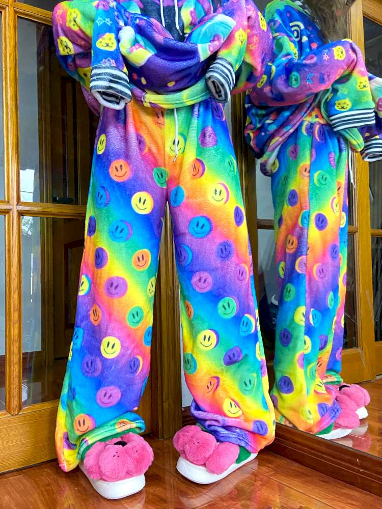 Y2K Niche Color Smiley Face Fleece Slacks【s0000014635】