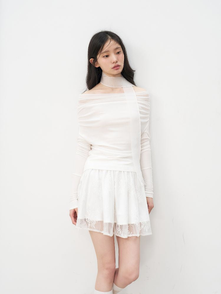 One Shoulder Top + Lace Embroidered Half Skirt【s0000011955】