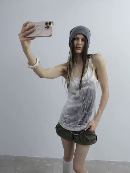Silver Sequin Print U Neck Vest【s0000016566】