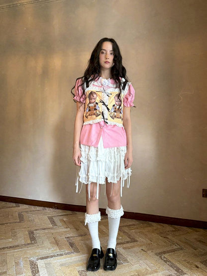 Cute doll print lace bow vest【s0000012760】