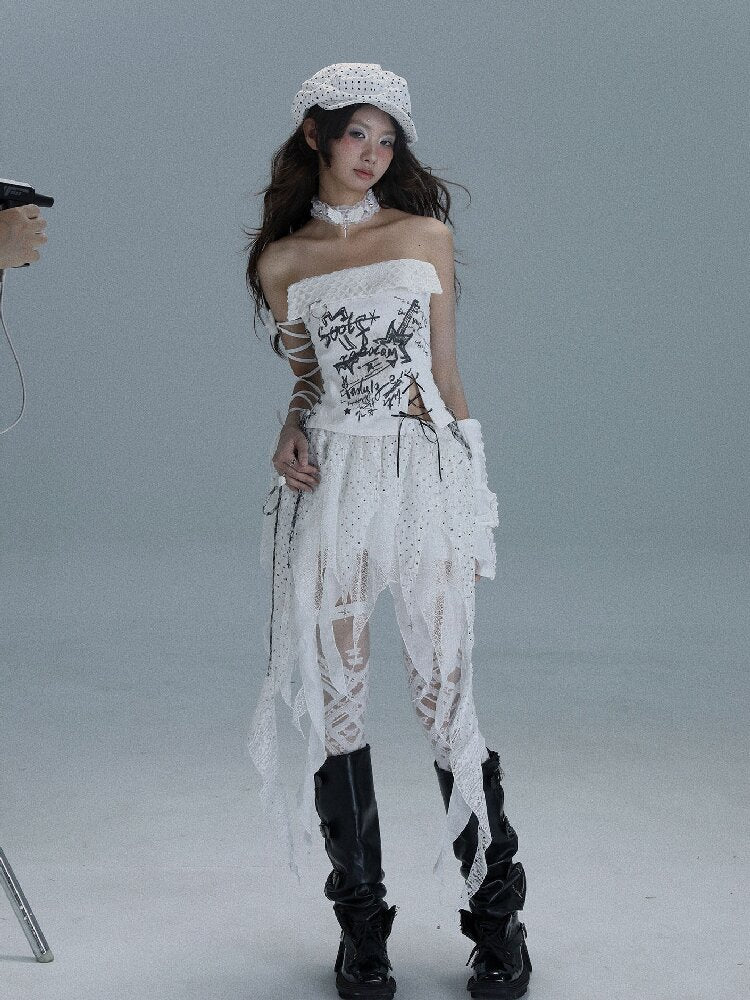 GLAVIL パンク ファスナー フリル スカート ホワイト 骸骨タンクトップ Printed Punk Denim Strappy Top【s0000016717】 – SCULTURE（エス