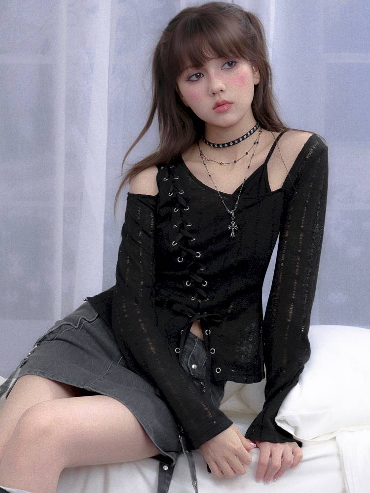 Openwork Knit Faux Two-Piece Top【s0000014368】