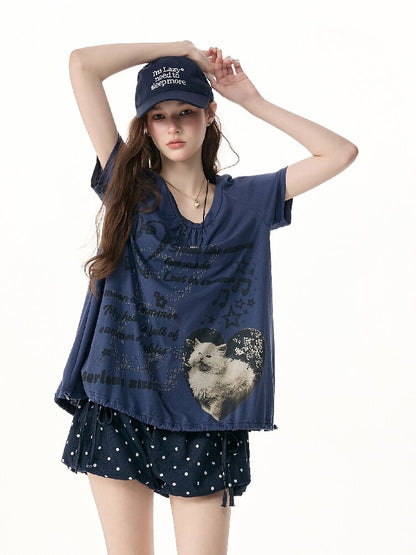 Cat Print Lazy Drawstring T-Shirt【s0000017253】