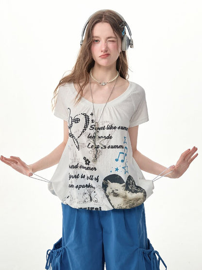 Summer Cat Print Short Sleeve T Shirt【s0000017255】