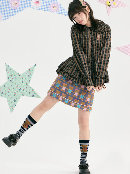 Plaid Embroidered Ruffled Shirt【s0000018726】