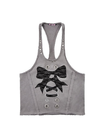Lace Bow Rivet Distressed Vest【s0000016496】