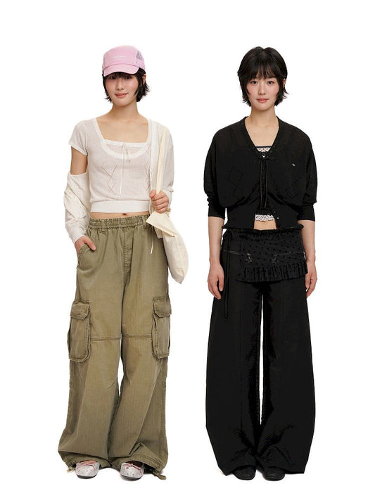 Ribbon large v-neck knitted cardigan【s0000012493】
