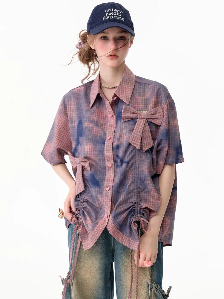 Distressed Plaid Bow Short Sleeve Shirt【s0000017755】