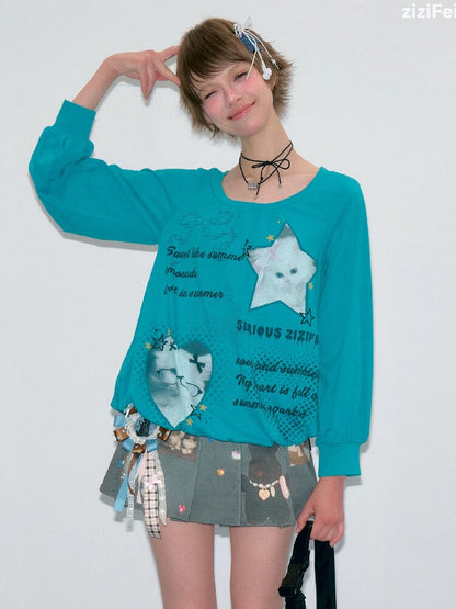Lantern Sleeve Cat Print T-Shirt【s0000017877】