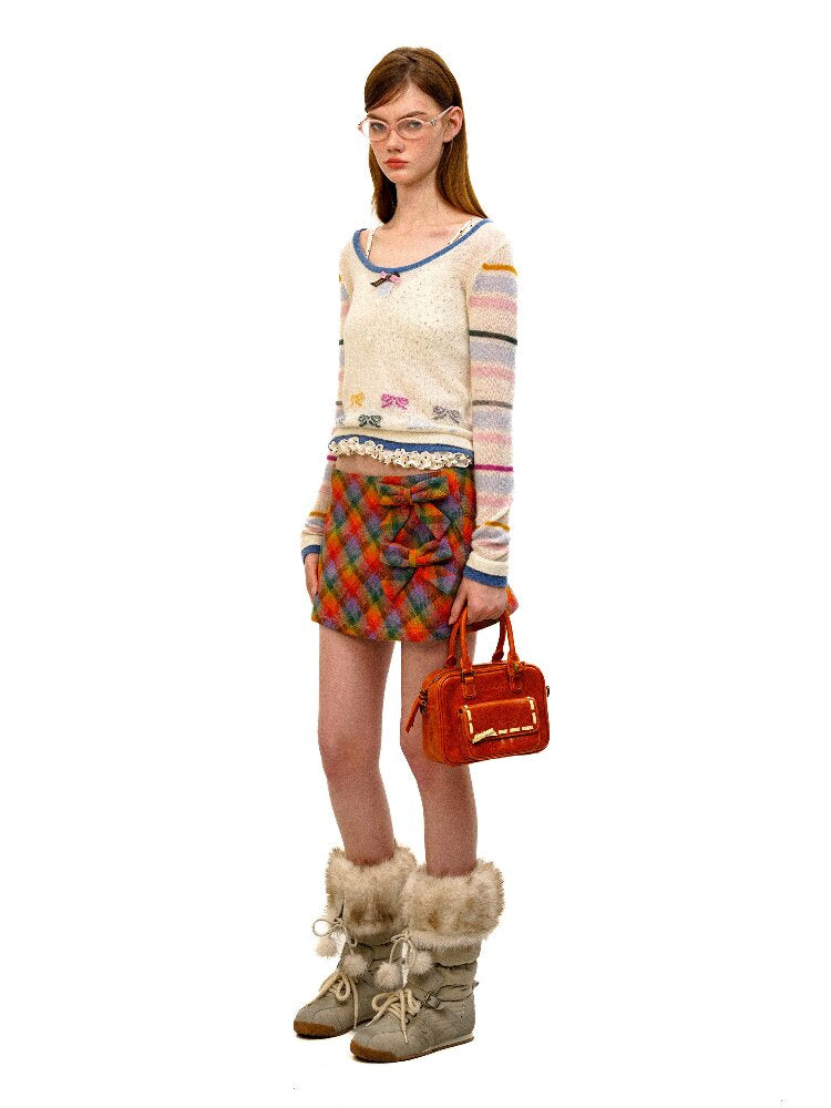 Pure Wool Colored Check Bow Skirt【s0000016089】