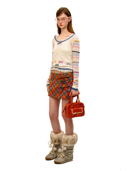 Pure Wool Colored Check Bow Skirt【s0000016089】