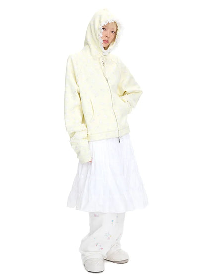 Wing Feather Print Lace-Trim Hoodie【s0000014096】