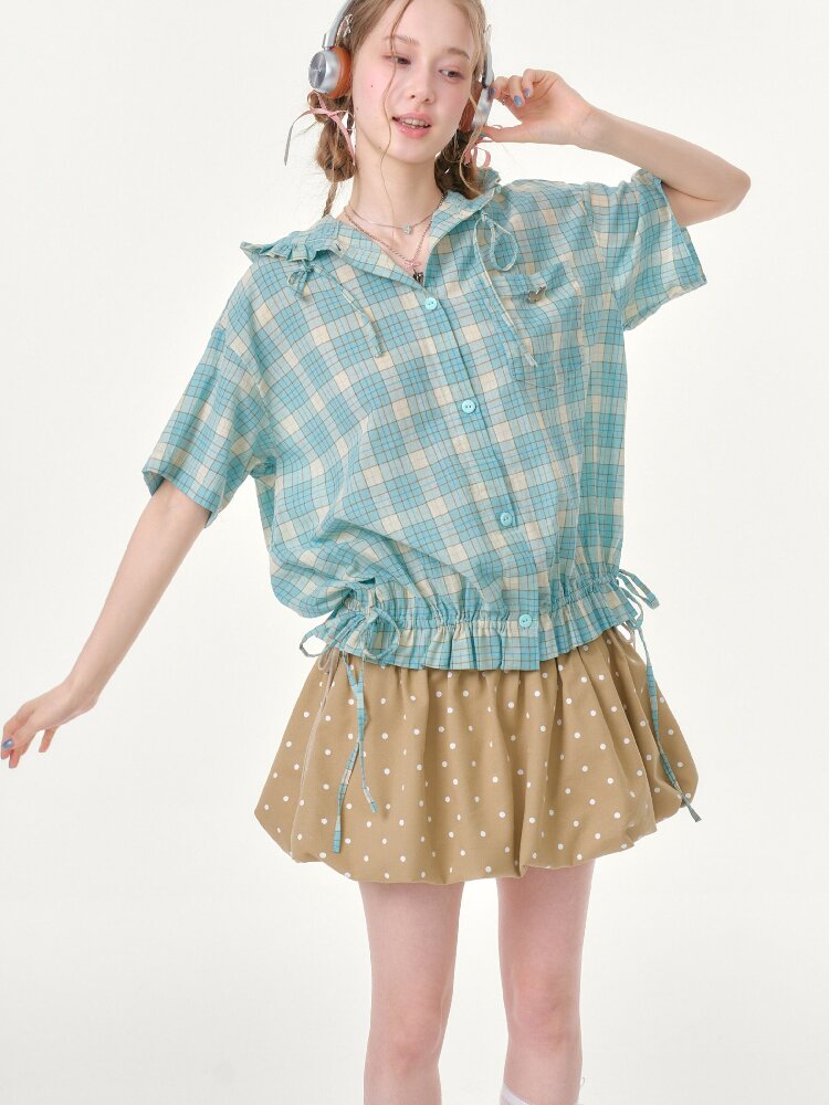 Ruffle Hem Hooded Plaid Shirt【s0000016619】
