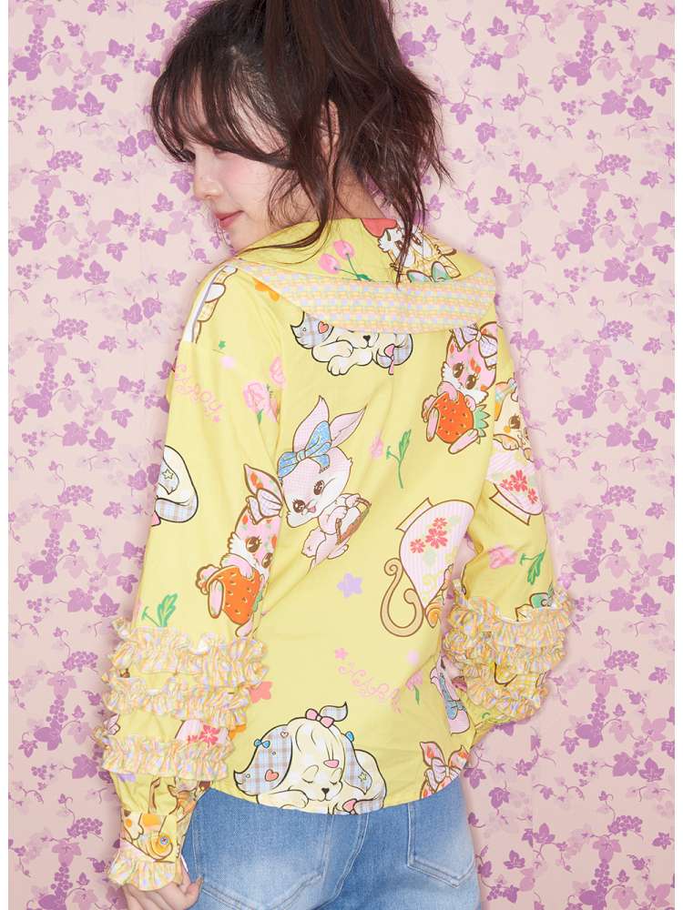 Yellow Ruffled Critter Print Shirt【s0000015032】