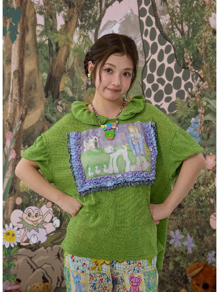Hand Painted Print Lace Pleated Top【s0000017121】