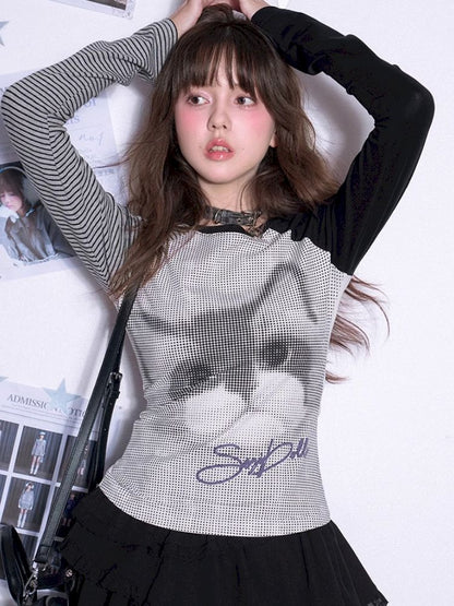 Long Sleeve Polka Dot Cat Printed T-Shirt【s0000011665】