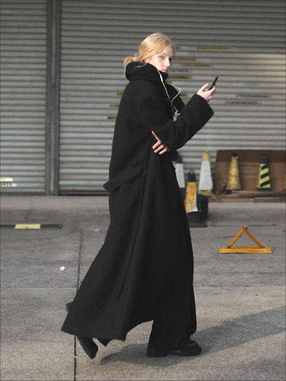 Black Woolen Loose Double-Breasted Coat【s0000014875】