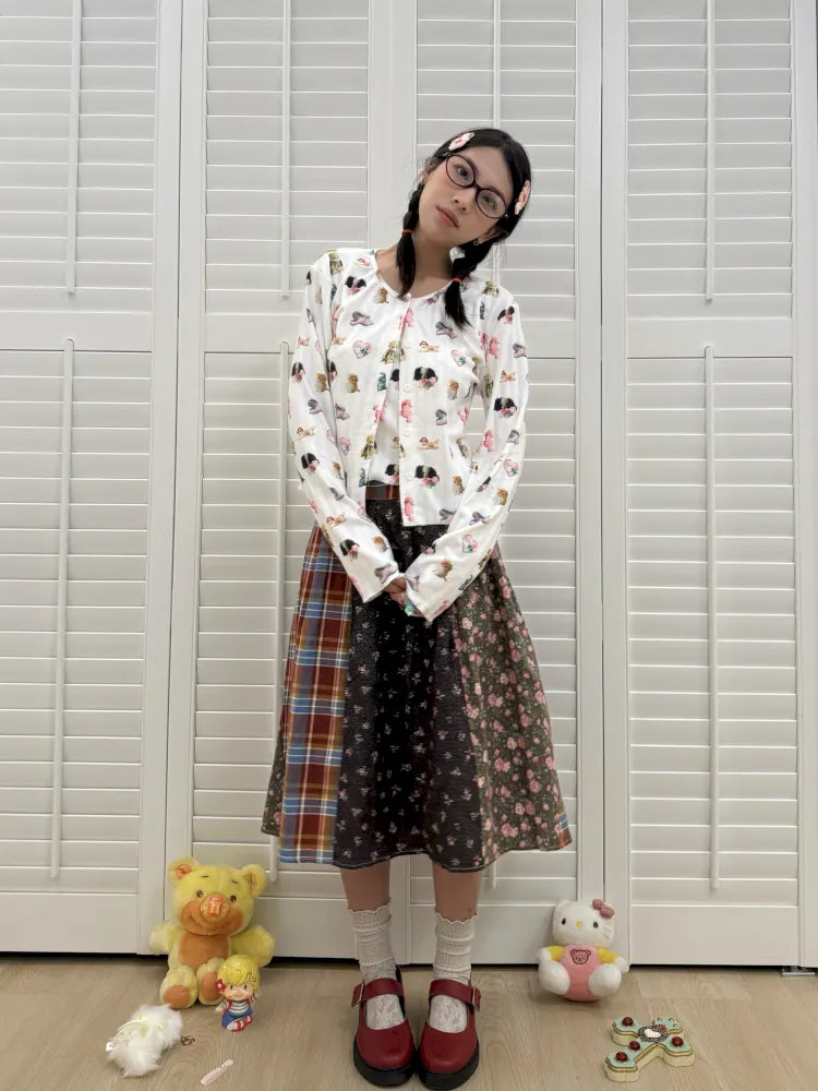 Plaid Floral Patchwork Pleated Skirt 【s0000013972】
