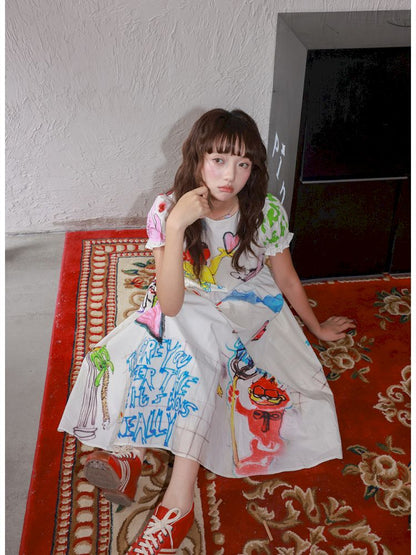 White Graffiti Printed Dress【s0000013336】